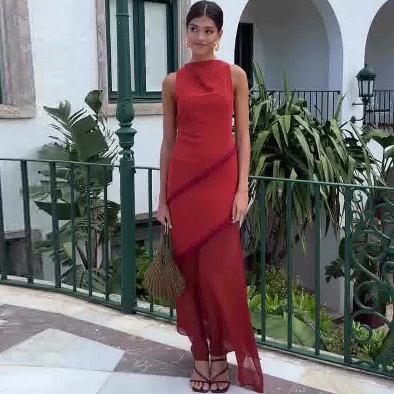 2025 Women'S Sleeveless Spliced Mesh Slit Slimming Long Dress - Image 1