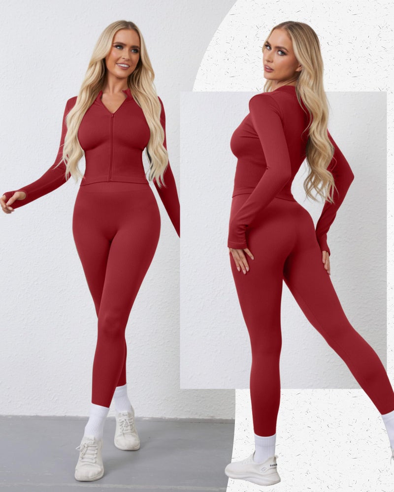 Simlakey Women 3 Piece Seamless Workout Set Sports Bra High Waisted Gym Yoga Leggings Zip Up Jacket with Thumbhole Activewear(Burgundy,Medium) - Image 2