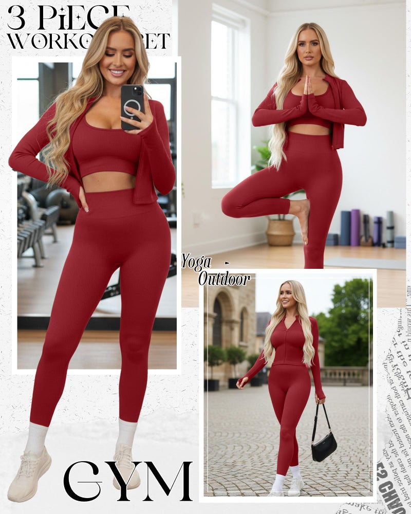 Simlakey Women 3 Piece Seamless Workout Set Sports Bra High Waisted Gym Yoga Leggings Zip Up Jacket with Thumbhole Activewear(Burgundy,Medium) - Image 3