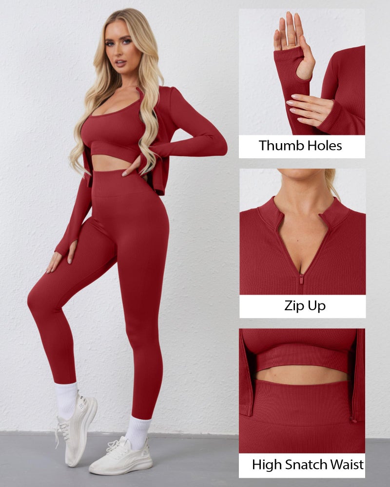 Simlakey Women 3 Piece Seamless Workout Set Sports Bra High Waisted Gym Yoga Leggings Zip Up Jacket with Thumbhole Activewear(Burgundy,Medium) - Image 5