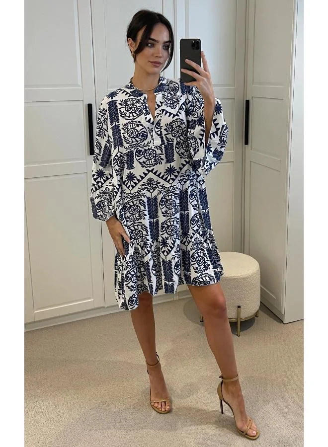 Hoxton Gal Oversized Smock Mini Dress Navy Floral Print Long Sleeves and Tiered Hem