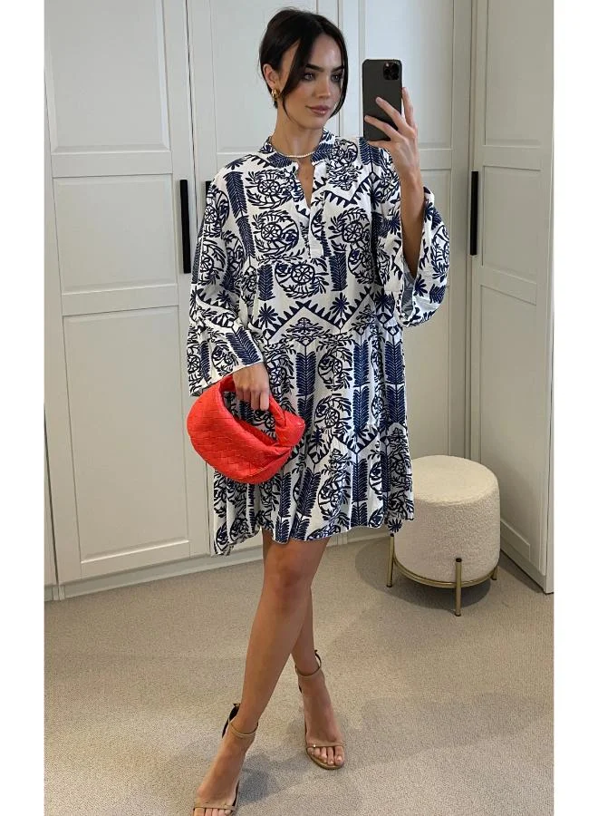 Hoxton Gal Oversized Smock Mini Dress Navy Floral Print Long Sleeves and Tiered Hem