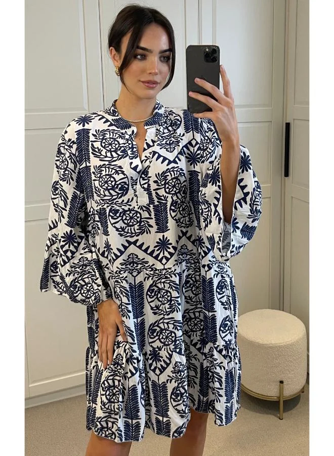 Hoxton Gal Oversized Smock Mini Dress Navy Floral Print Long Sleeves and Tiered Hem