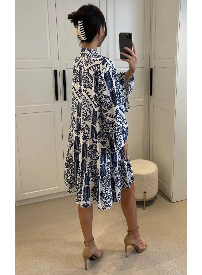 Hoxton Gal Oversized Smock Mini Dress Navy Floral Print Long Sleeves and Tiered Hem