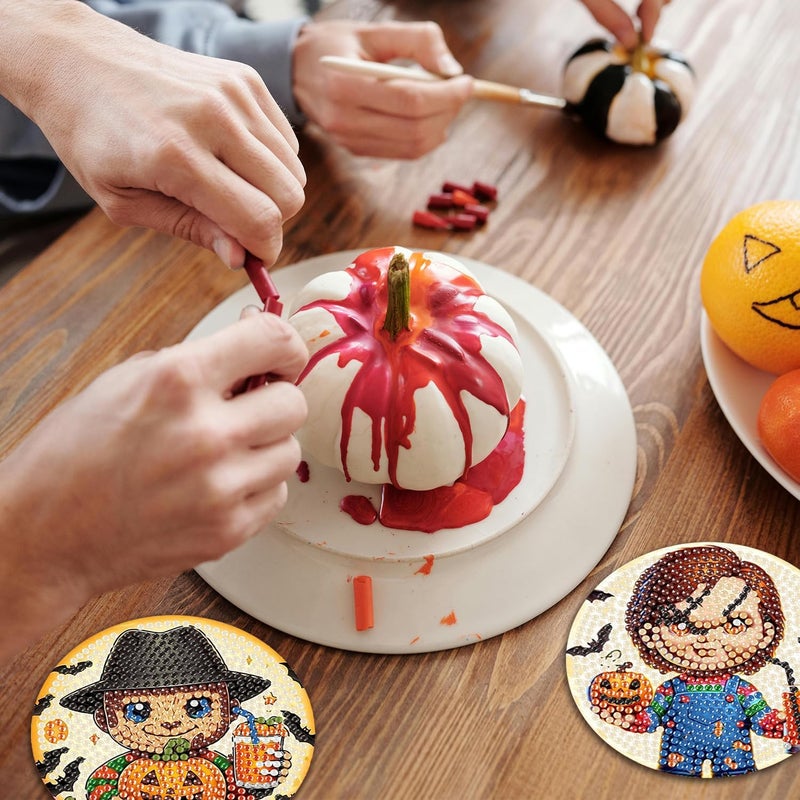 MBNTJHT 8 Pcs Halloween Diamond Painting Coasters Kits with Holder,DIY Horror Cute Diamond Art Coasters for Adults Beginnners,5D Full Round Drill Gem Painting Craft Art Kits for Supplies Gift 4X4 Inch. - Image 4