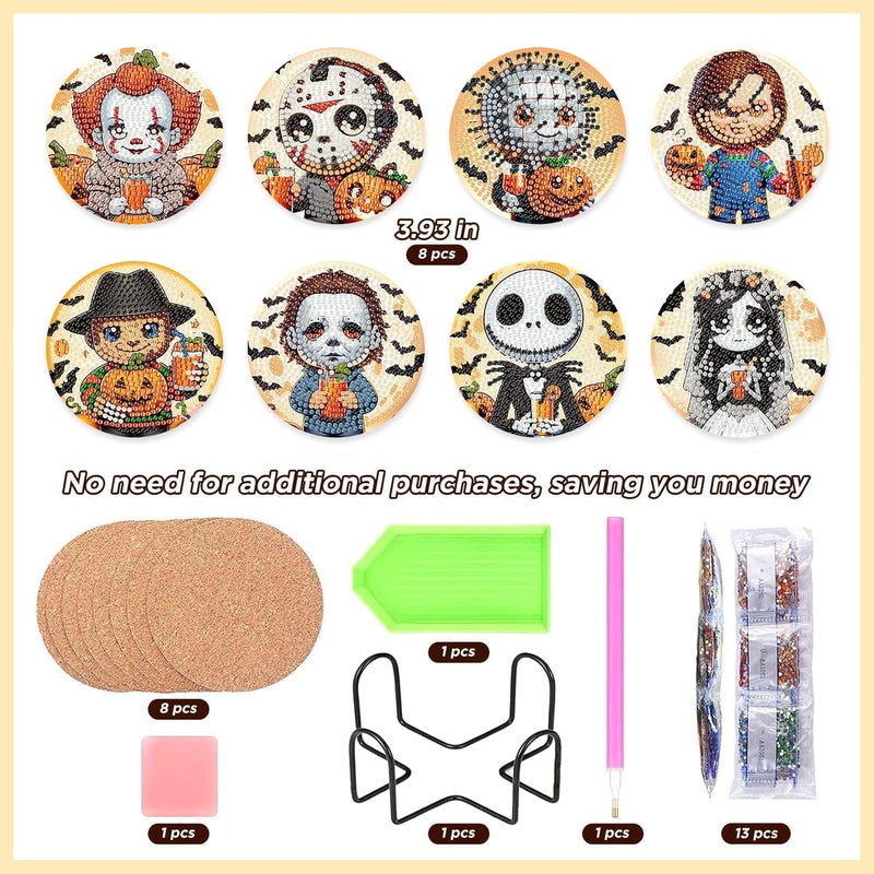 MBNTJHT 8 Pcs Halloween Diamond Painting Coasters Kits with Holder,DIY Horror Cute Diamond Art Coasters for Adults Beginnners,5D Full Round Drill Gem Painting Craft Art Kits for Supplies Gift 4X4 Inch. - Image 2