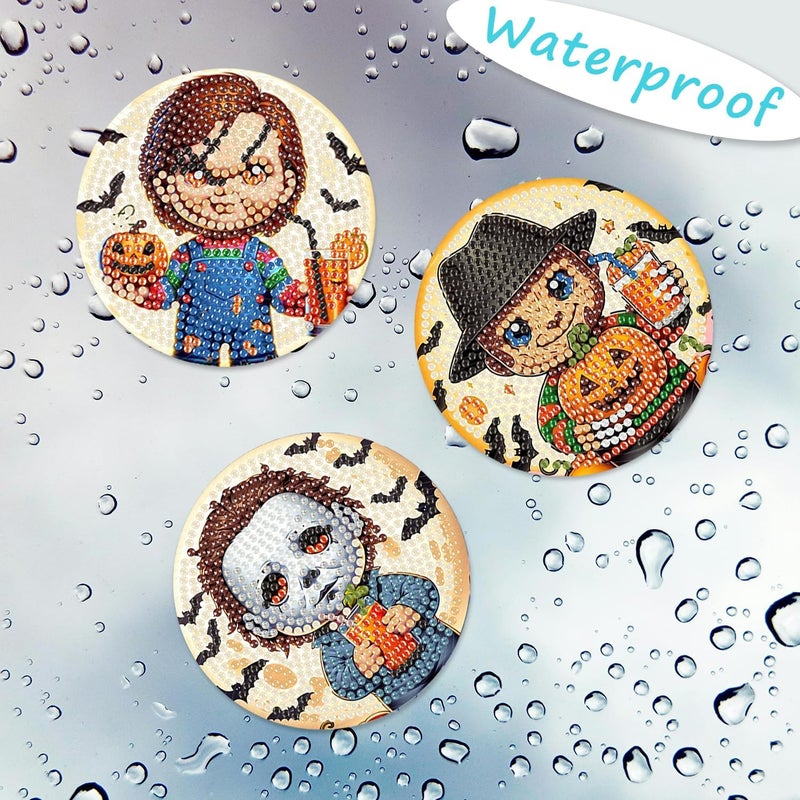 MBNTJHT 8 Pcs Halloween Diamond Painting Coasters Kits with Holder,DIY Horror Cute Diamond Art Coasters for Adults Beginnners,5D Full Round Drill Gem Painting Craft Art Kits for Supplies Gift 4X4 Inch. - Image 3