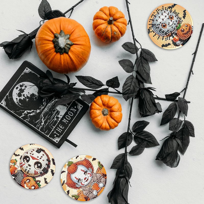 MBNTJHT 8 Pcs Halloween Diamond Painting Coasters Kits with Holder,DIY Horror Cute Diamond Art Coasters for Adults Beginnners,5D Full Round Drill Gem Painting Craft Art Kits for Supplies Gift 4X4 Inch. - Image 5