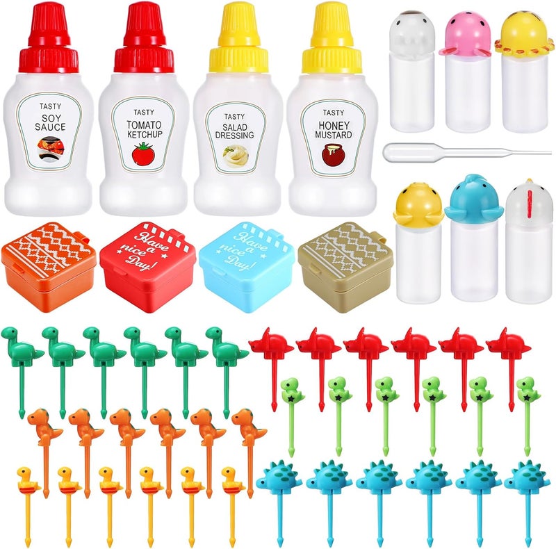 Hoolerry 50 Pcs Kids Bento Box Accessories Including Food Picks Mini Condiment Bottles Ketchup Squeeze Bottles, Mini Soy Sauce Container for Kid School Bento Camping Office(Dinosaur) - Image 1