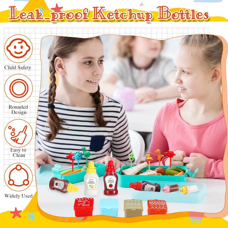 Hoolerry 50 Pcs Kids Bento Box Accessories Including Food Picks Mini Condiment Bottles Ketchup Squeeze Bottles, Mini Soy Sauce Container for Kid School Bento Camping Office(Dinosaur) - Image 3