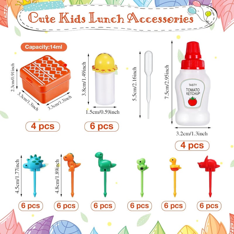 Hoolerry 50 Pcs Kids Bento Box Accessories Including Food Picks Mini Condiment Bottles Ketchup Squeeze Bottles, Mini Soy Sauce Container for Kid School Bento Camping Office(Dinosaur) - Image 2