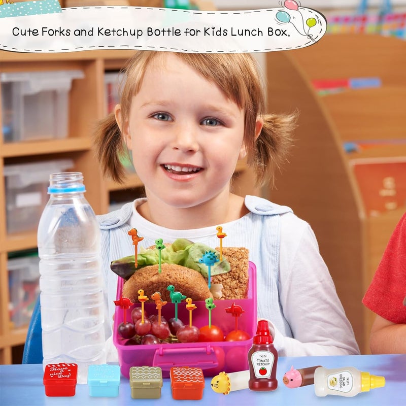 Hoolerry 50 Pcs Kids Bento Box Accessories Including Food Picks Mini Condiment Bottles Ketchup Squeeze Bottles, Mini Soy Sauce Container for Kid School Bento Camping Office(Dinosaur) - Image 5