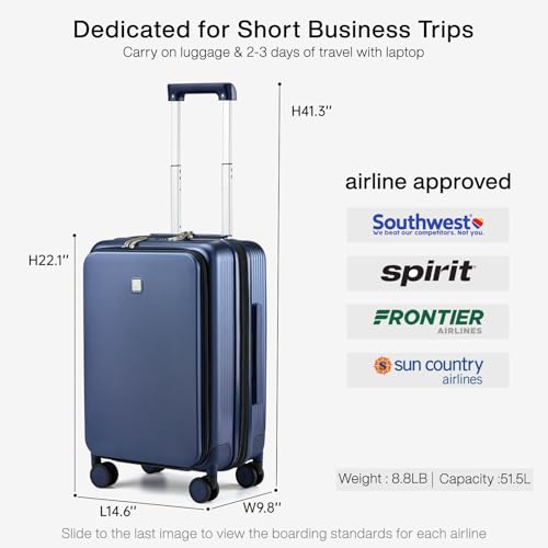 Hanke Grace Expandable Carry On Luggage with Wheels Airline Approved Hard Shell Suitcases with Front Pocket，Top Opening Luggage with TSA Lock for Short Business Travel, Dark Blue. - Image 4
