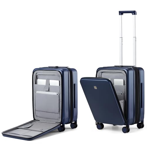 Hanke Grace Expandable Carry On Luggage with Wheels Airline Approved Hard Shell Suitcases with Front Pocket，Top Opening Luggage with TSA Lock for Short Business Travel, Dark Blue. - Image 1