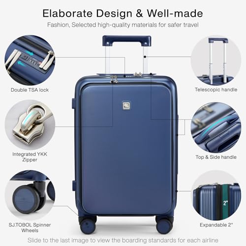 Hanke Grace Expandable Carry On Luggage with Wheels Airline Approved Hard Shell Suitcases with Front Pocket，Top Opening Luggage with TSA Lock for Short Business Travel, Dark Blue. - Image 3