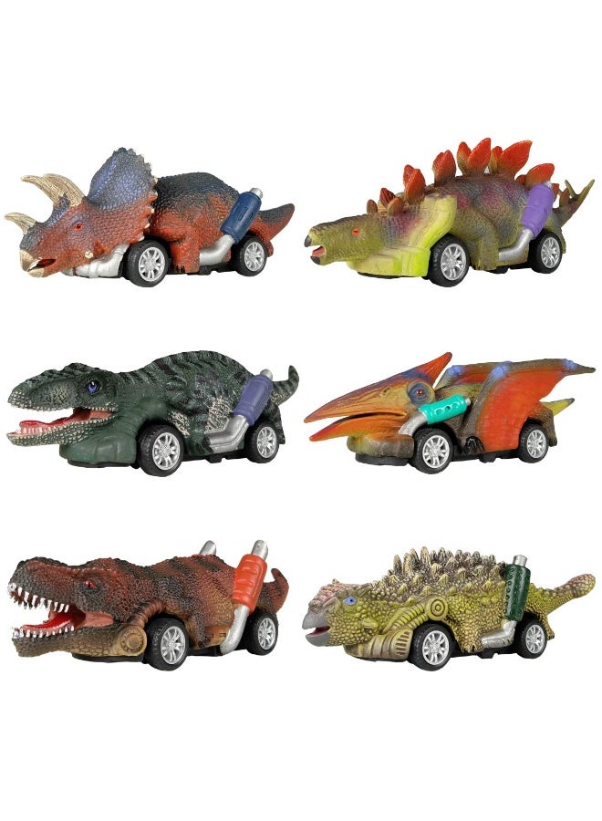 هالامودو مجموعة سيارات الديناصورات ذات السحب للخلف 6 قطع، ديناصورات الألوصور وتريسيراتوبس وستيغوصور وتي ركس ورابتور، لعبة للأولاد والبنات من 3 سنوات فما فوق، مادة متينة مقاومة للسقوط - 13x4x4 سم - Image 1