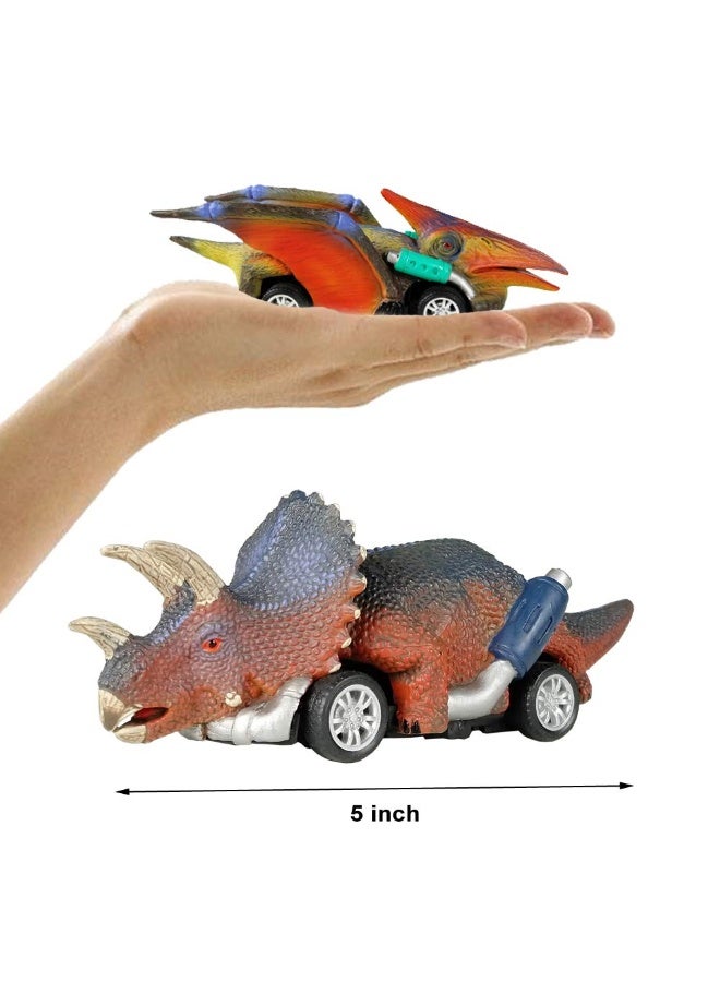 هالامودو مجموعة سيارات الديناصورات ذات السحب للخلف 6 قطع، ديناصورات الألوصور وتريسيراتوبس وستيغوصور وتي ركس ورابتور، لعبة للأولاد والبنات من 3 سنوات فما فوق، مادة متينة مقاومة للسقوط - 13x4x4 سم - Image 4