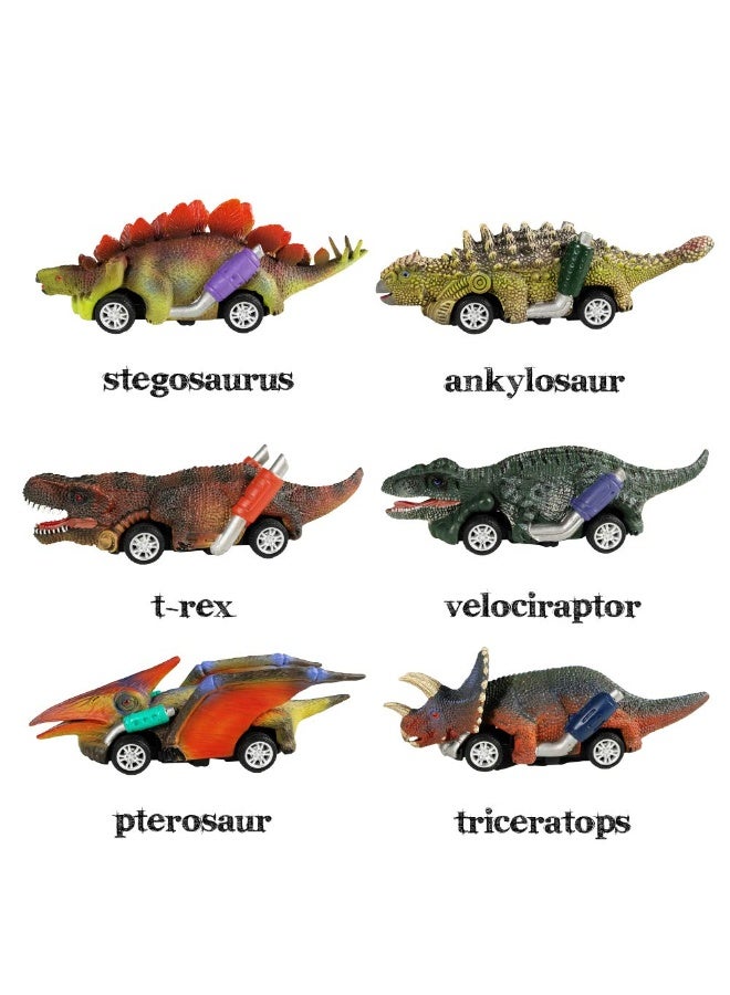 هالامودو مجموعة سيارات الديناصورات ذات السحب للخلف 6 قطع، ديناصورات الألوصور وتريسيراتوبس وستيغوصور وتي ركس ورابتور، لعبة للأولاد والبنات من 3 سنوات فما فوق، مادة متينة مقاومة للسقوط - 13x4x4 سم - Image 2