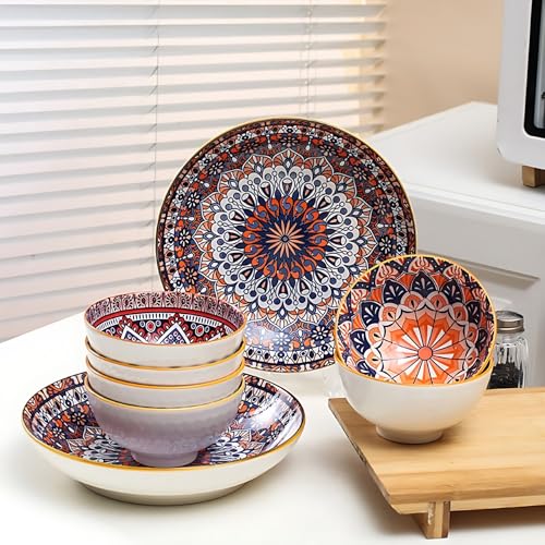 VELINEX Bohemian Style Ceramic Dinnerware Set | 6-Piece Plates & Bowls with Multicolour Mandala Design | Microwave & Dishwasher Safe | Gift Box Packed Tableware - Image 2