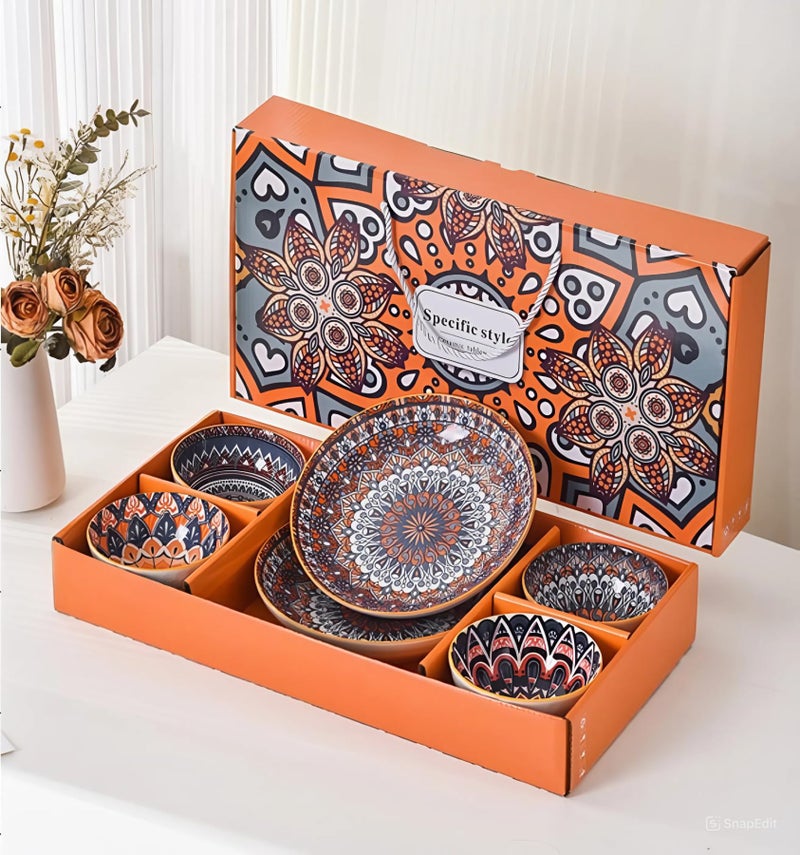 VELINEX Bohemian Style Ceramic Dinnerware Set | 6-Piece Plates & Bowls with Multicolour Mandala Design | Microwave & Dishwasher Safe | Gift Box Packed Tableware - Image 1