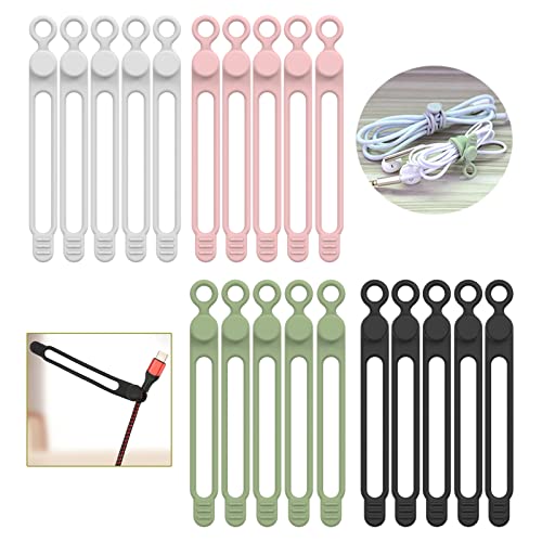 UMUST [20Park]UMUST Silicone Cable Ties,Reusable Cable Management Organizer, Multipurpose Elastic Cord Organizer for Bundling and Fastening Cable Cords Wires(black,white,pink,green) - Image 1