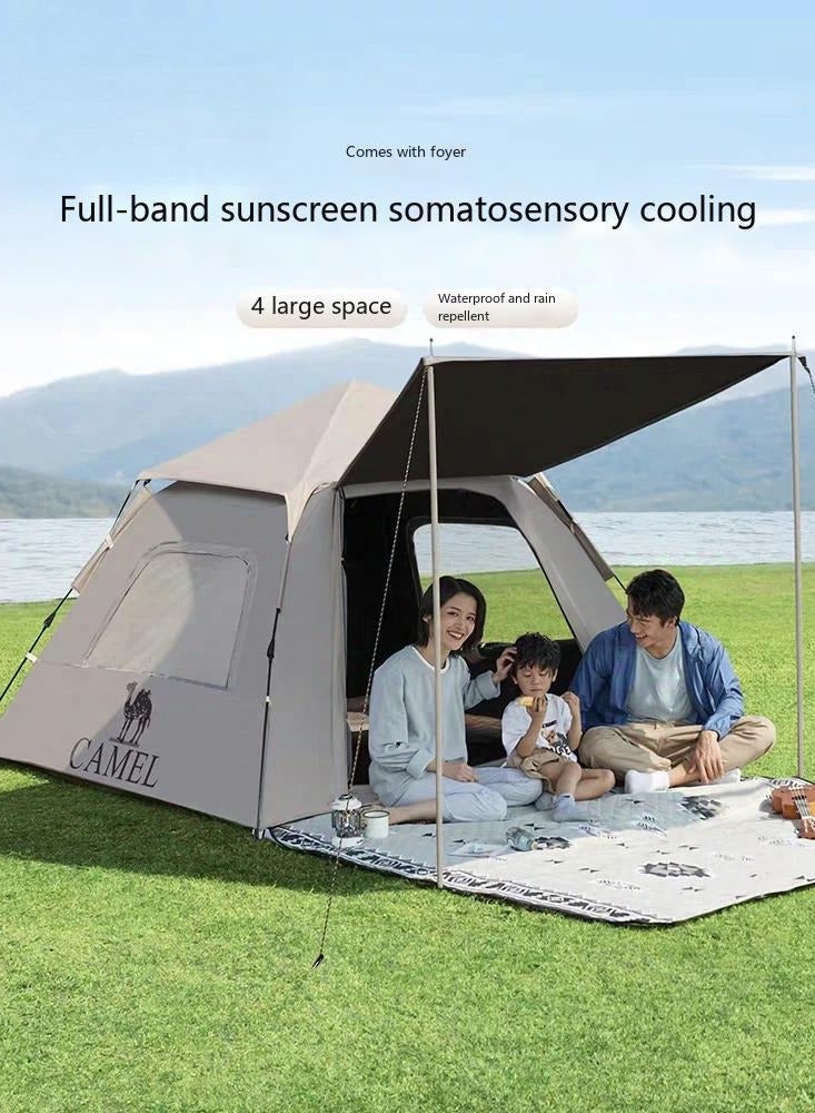 camel 4-Person Automatic Camping Tent with Awning, UPF50+ Blackout Sun Protection, 2000mm Waterproof, Portable Folding 4-Season Tent for Outdoor Overnight/Backpacking/Camping Trips (210x210x135cm) - Image 1