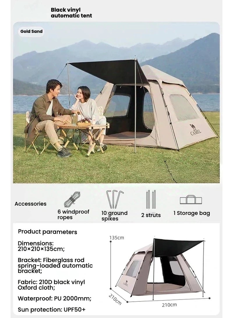 camel 4-Person Automatic Camping Tent with Awning, UPF50+ Blackout Sun Protection, 2000mm Waterproof, Portable Folding 4-Season Tent for Outdoor Overnight/Backpacking/Camping Trips (210x210x135cm) - Image 5