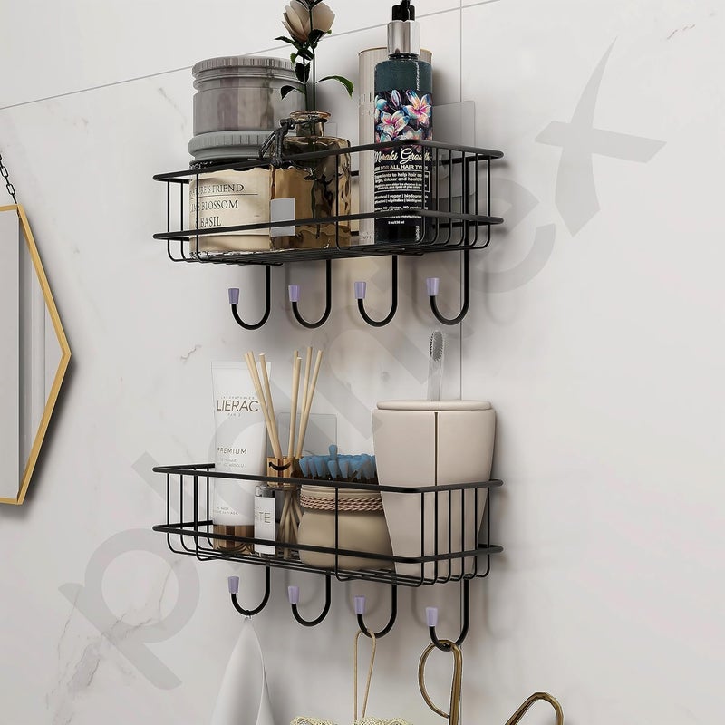 Pathavi Adhesive Wall-Mounted Bathroom Shelves – Rustproof Metal Racks with Hooks for Toiletries & Accessories, No-Drill Storage Organizer for Bathroom, Kitchen, or Vanity (Black, Set of 2) - Image 5