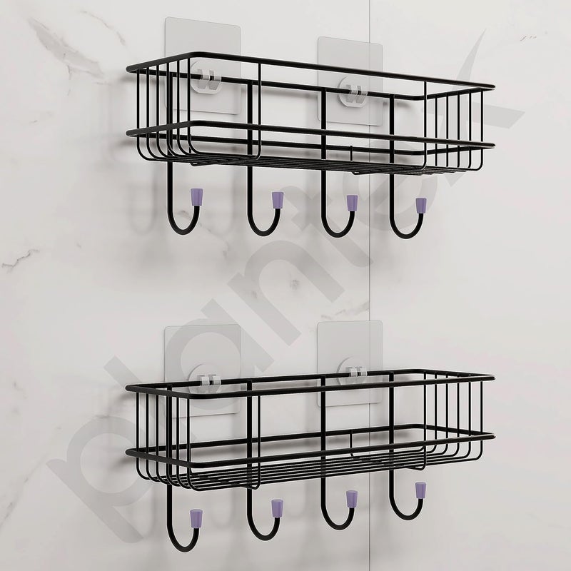 Pathavi Adhesive Wall-Mounted Bathroom Shelves – Rustproof Metal Racks with Hooks for Toiletries & Accessories, No-Drill Storage Organizer for Bathroom, Kitchen, or Vanity (Black, Set of 2) - Image 4