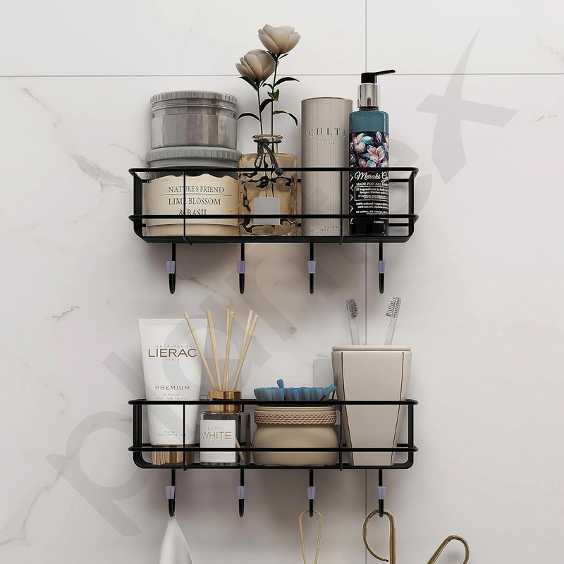 Pathavi Adhesive Wall-Mounted Bathroom Shelves – Rustproof Metal Racks with Hooks for Toiletries & Accessories, No-Drill Storage Organizer for Bathroom, Kitchen, or Vanity (Black, Set of 2) - Image 3