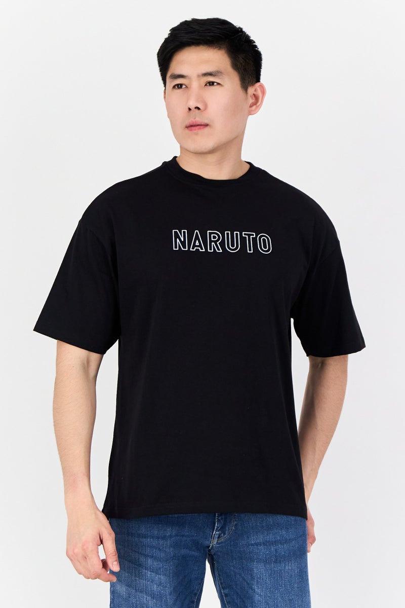 Naruto تي شيرت رجالي بأكمام قصيرة وياقة دائرية، مطبوع برسومات، أسود - Image 1
