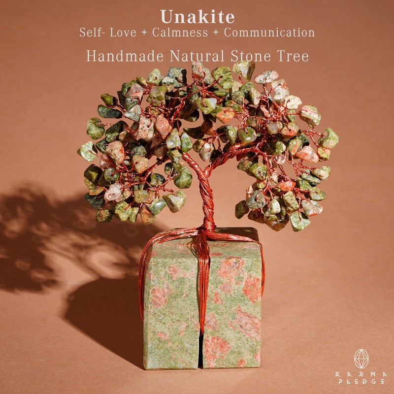 KARMAPLEDGE Crystal Tree for Birthday Gifts for Women, Handmade Raw Crystal Base Unakite Chakra Healing Crystal Tree of Life for Positive Energy, Money, Good Luck, Christmas DÃ©cor, Home and Office Decor - Image 2