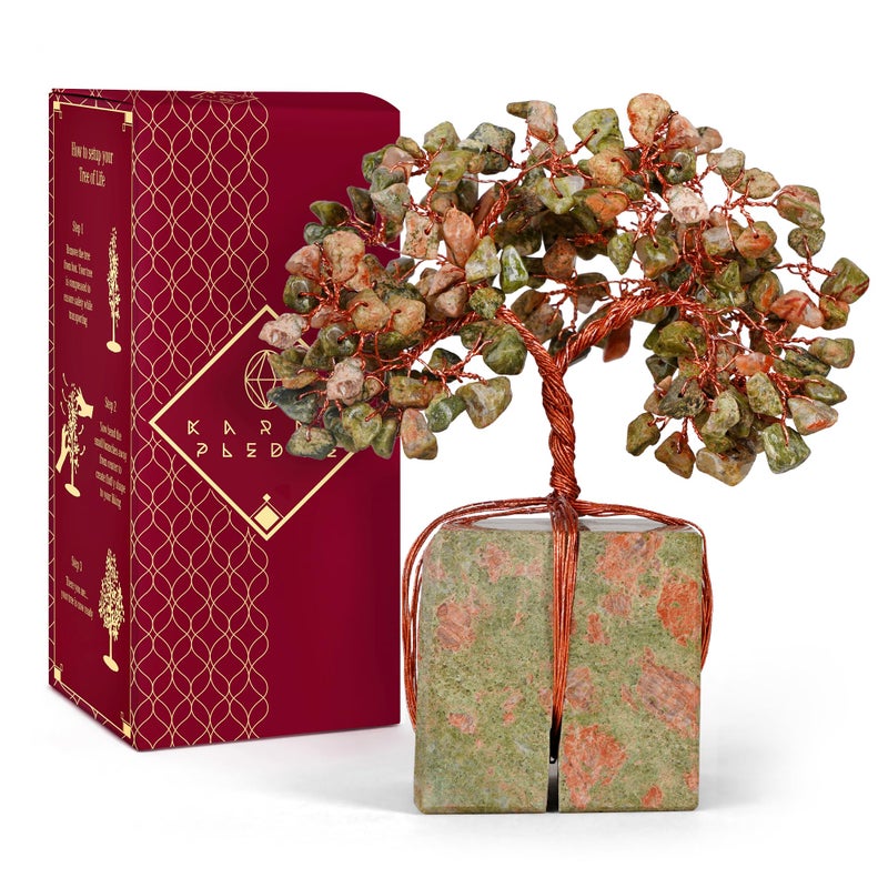 KARMAPLEDGE Crystal Tree for Birthday Gifts for Women, Handmade Raw Crystal Base Unakite Chakra Healing Crystal Tree of Life for Positive Energy, Money, Good Luck, Christmas DÃ©cor, Home and Office Decor - Image 1