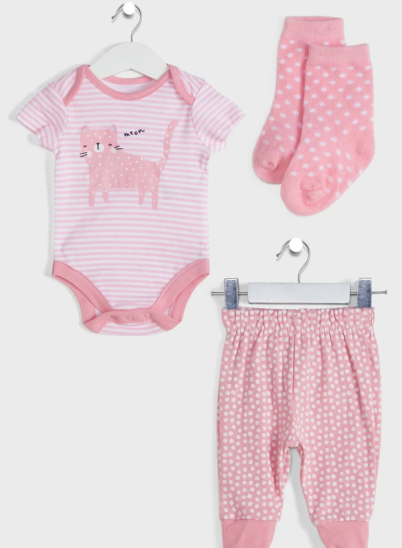 lily and jack Infant Cat Print Bodysuit & Trouser Set With Socks