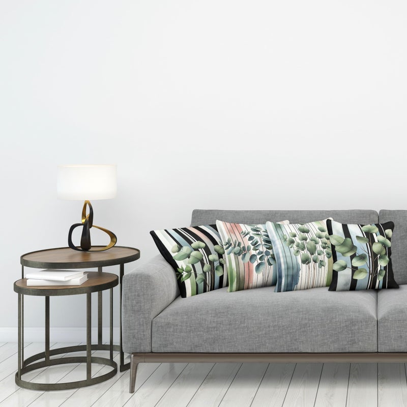 Ambesonne Eucalyptus Throw Pillow Cushion Cover Set of 4  Watercolor Branches on Stripes Pastel Hues Modern Botanic Balance  Decorative Accent Double-Sided Printing  24""  Laurel Green Rose Black - Image 3