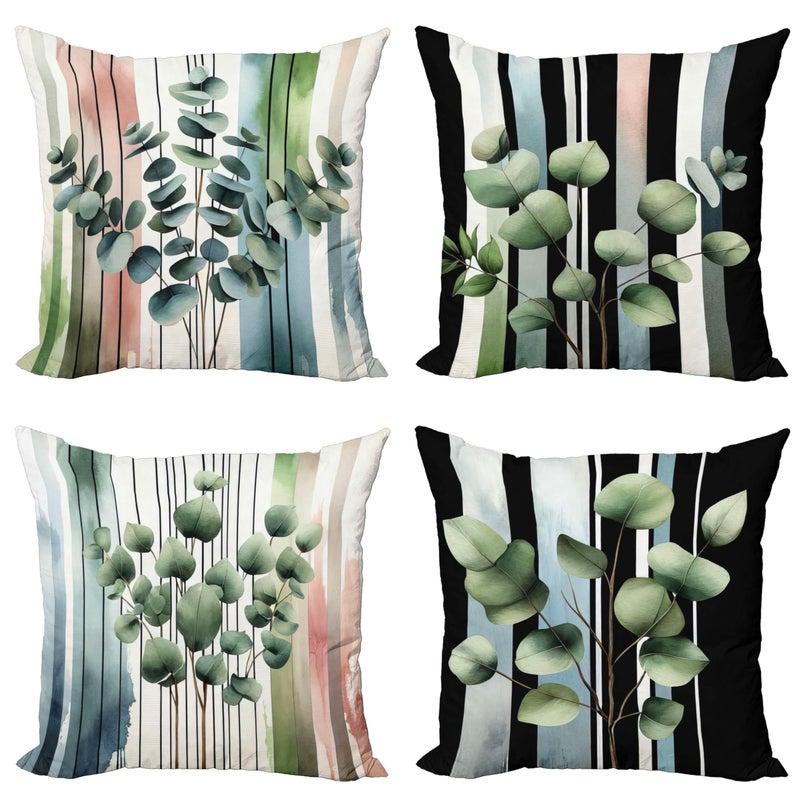 Ambesonne Eucalyptus Throw Pillow Cushion Cover Set of 4  Watercolor Branches on Stripes Pastel Hues Modern Botanic Balance  Decorative Accent Double-Sided Printing  24""  Laurel Green Rose Black - Image 1