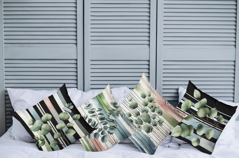 Ambesonne Eucalyptus Throw Pillow Cushion Cover Set of 4  Watercolor Branches on Stripes Pastel Hues Modern Botanic Balance  Decorative Accent Double-Sided Printing  24""  Laurel Green Rose Black - Image 2