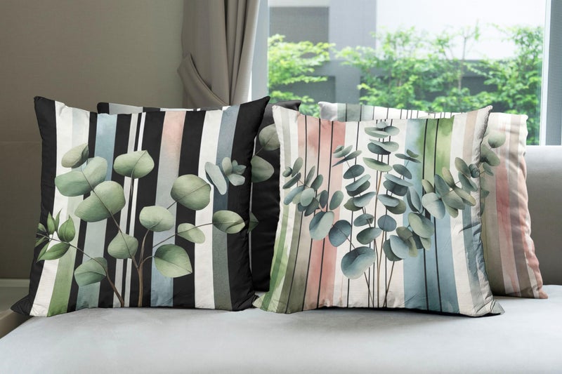Ambesonne Eucalyptus Throw Pillow Cushion Cover Set of 4  Watercolor Branches on Stripes Pastel Hues Modern Botanic Balance  Decorative Accent Double-Sided Printing  24""  Laurel Green Rose Black - Image 4