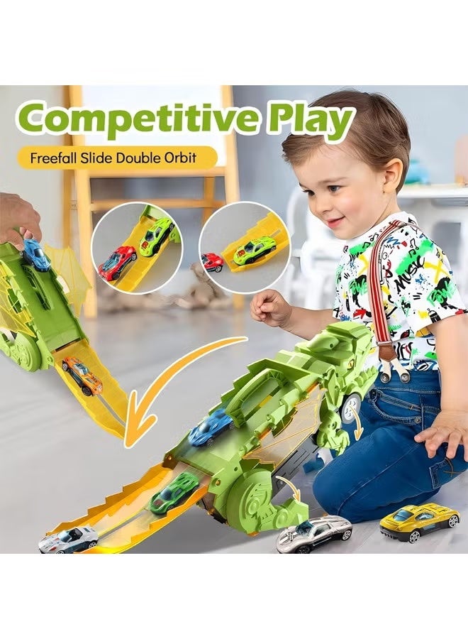 ألعاب شاحنة سيارة للأطفال، ألعاب شاحنة ديناصور للأطفال الصغار، سيارة ديناصور يلتهم السكك الحديدية، مسار سباق سيارات قابل للطي مع 4 سيارات معدنية، سيارة ديناصور تبتلع، مسار انزلاق طرد، سيارة معدنية للتخزين، سيارة لعبة تعليمية قابلة للطي للأطفال، مجموعة ألعاب سيارات للأطفال الصغار من سن 3 سنوات فما فوق - Image 4