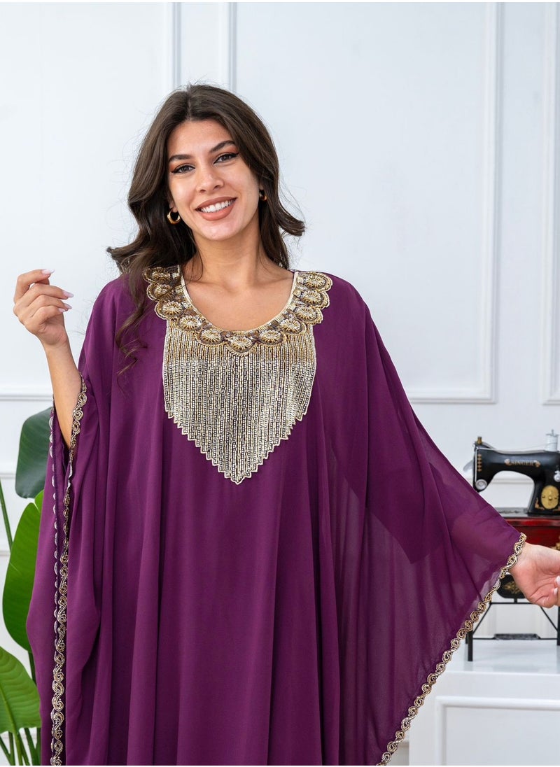 البنت الشرقية - جلابية نسائية كريب لون بنفسجي مطرزة على الصدر - Image 1