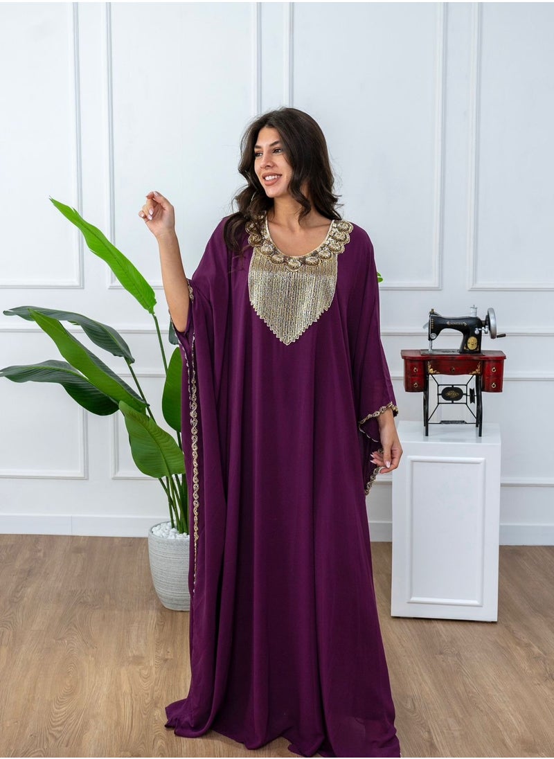 البنت الشرقية - جلابية نسائية كريب لون بنفسجي مطرزة على الصدر - Image 1