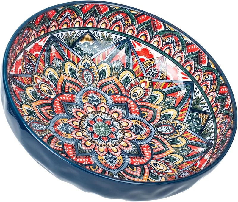 Ronanemon 75 Oz Serving Bowls,Bohemian Style Large Porcelain Dishes for Entertaining Parties,Big Bowls for Eating Soup, Salad, Pasta, Fruit, Chips, 10.3 Inch Diameter (blue) - Image 1