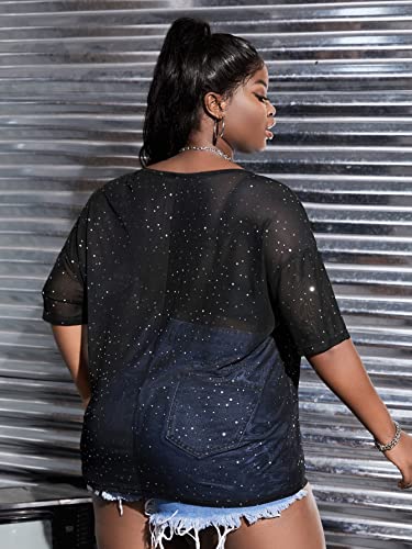 MakeMeChic Women's Plus Size Sequin Tops Fall Mesh Sheer See Through Glitter Short Sleeve Shirts Tops Festival Outfits A Black Sequin 3X-Large Plus - Image 2