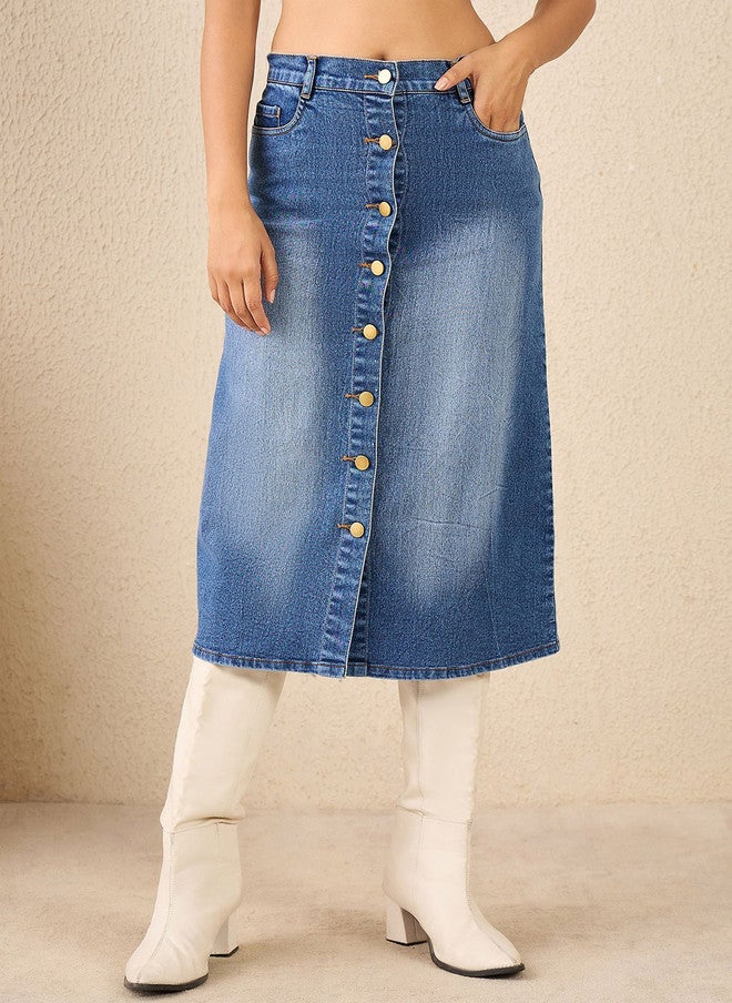 StyleStone Women High Rise Denim Midi Skirt with Button Closure - Image 1