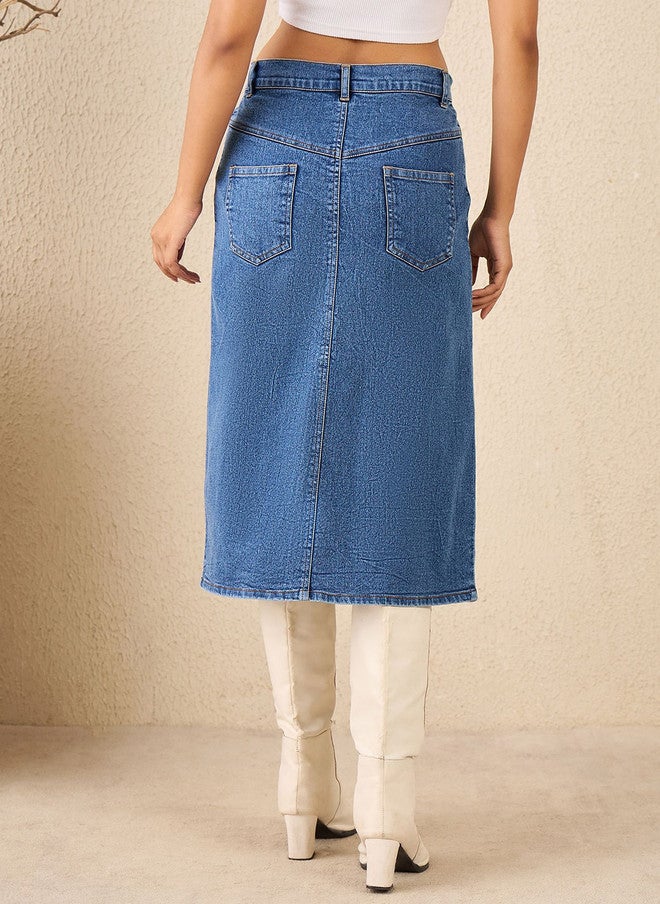 StyleStone Women High Rise Denim Midi Skirt with Button Closure - Image 3