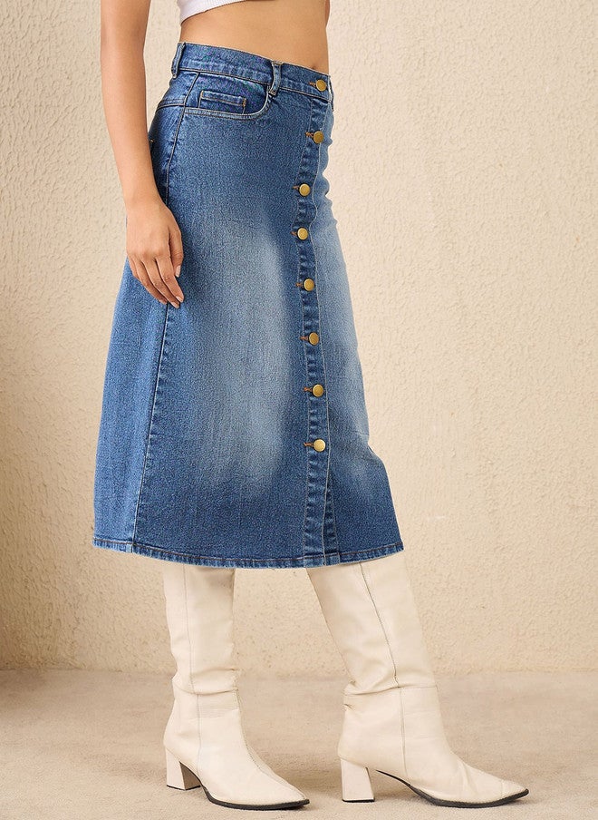 StyleStone Women High Rise Denim Midi Skirt with Button Closure - Image 2