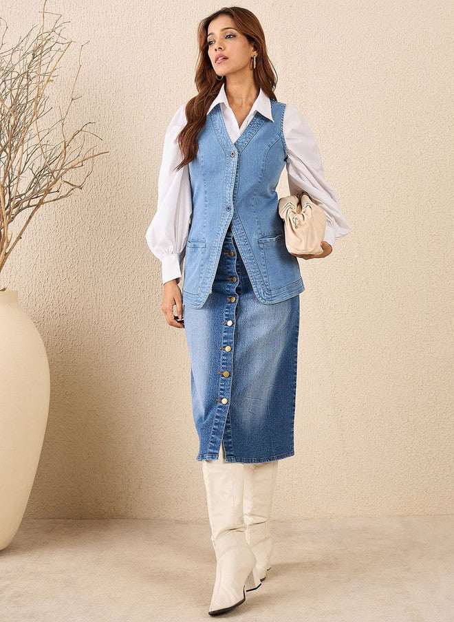 StyleStone Women High Rise Denim Midi Skirt with Button Closure - Image 4