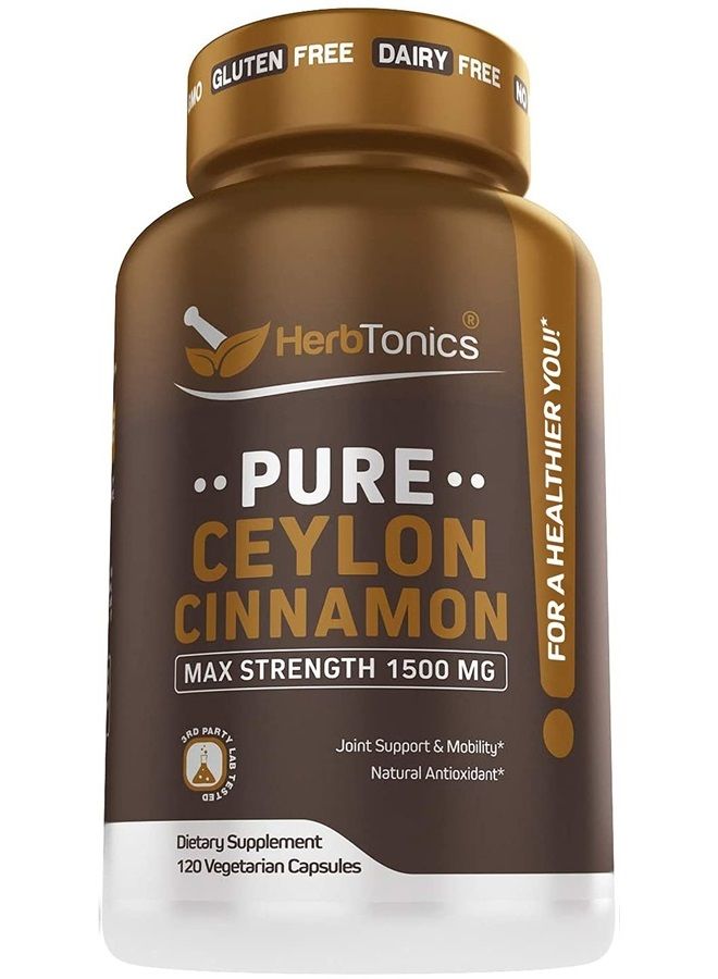 Herbtonics كبسولات القرفة السيلانية الممتازة - حبوب القرفة الفعالة لتعزيز الرفاهية - 1500 ملغ من مكمل القرفة السيلانية يدعم الصحة اليومية - 120 كبسولة نباتية - Image 1