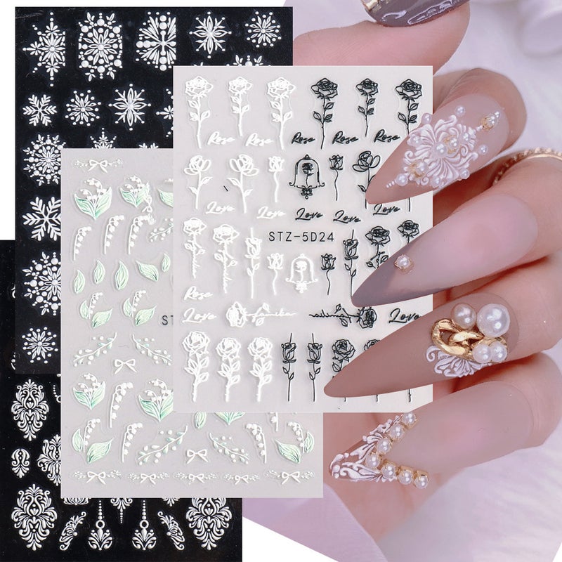 2022 Online Celebrity Nail Stickers Ins5D Three-Dimensional White Flower Rose Butterfly Snowflake Series Nail Stickers - Image 2
