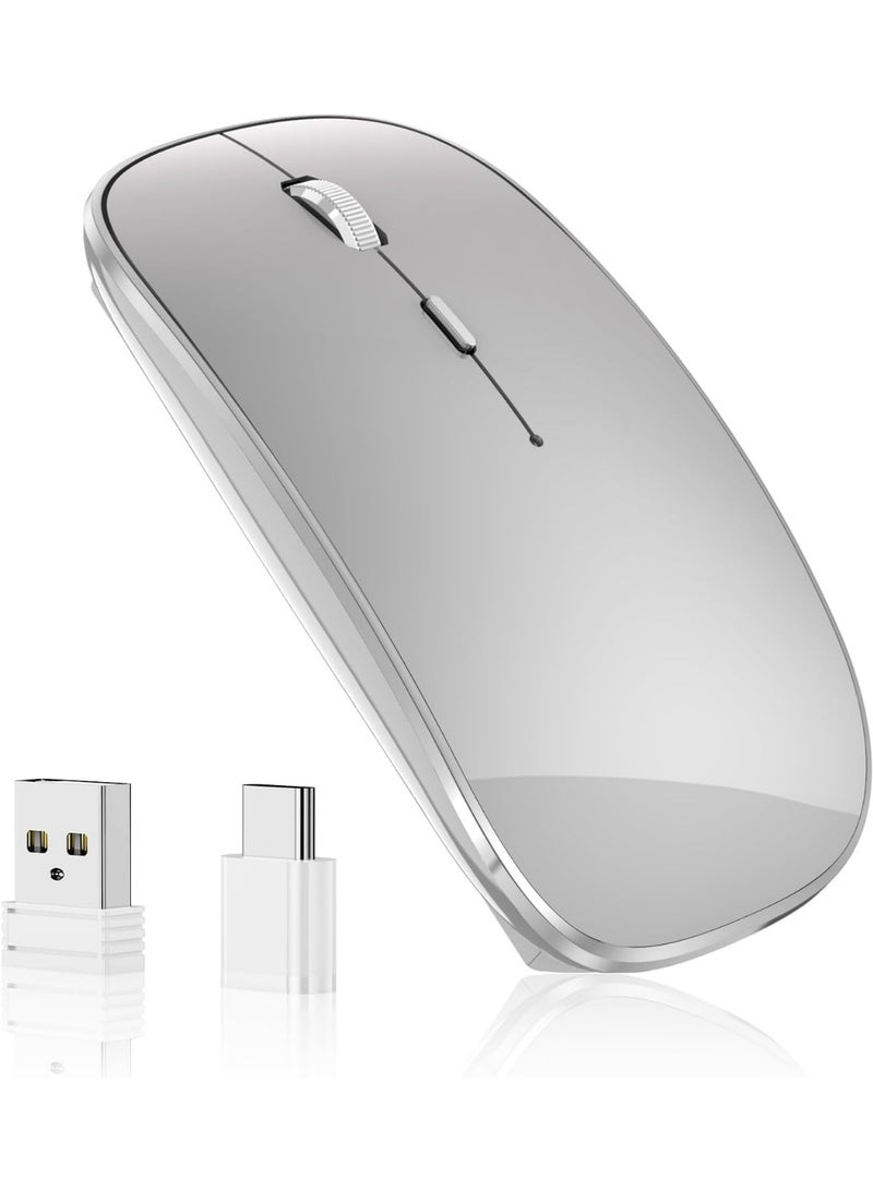 الماوس اللاسلكي قابل للشحن المحمول الصامت USB ونوع C مزدوج الوضع الماوس اللاسلكي 3 DPI قابل للتعديل للكمبيوتر المحمول، ماك، ماك بوك، أندرويد، الكمبيوتر الشخصي (الرمادي) - Image 1